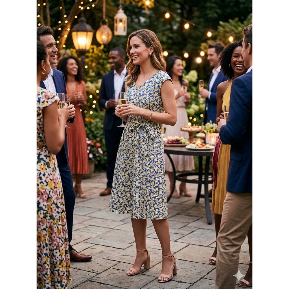 Weekend Max Mara Floral Leaf Print V-Neck Belted Cap Sleeve Dress Navy Yellow